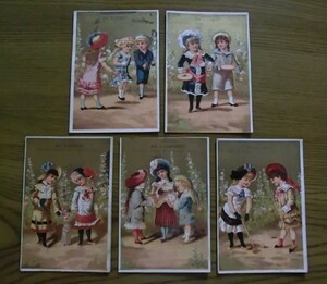 アンティーク　古いポストカード・絵葉書　フランス・アンティーク　古いプリント　クロモスカード　少女たちの遊び　５枚　 　 　