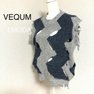 VEQUM ベクム　EMODA ウール混　ベスト　ダメージデザインＦサイズ