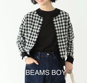 BEAMS BOY silver chewing gum check cardigan 14 gauge polyester 