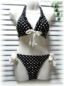  separate swimsuit 9 number /M black × beige dot dent convex cloth 