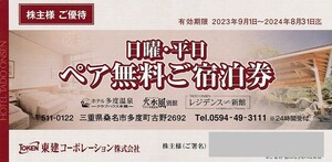 ネコポス送料込即決！ホテル多度温泉　日曜・平日ペア無料ご宿泊券　東建コーポレーション　株主優待券　