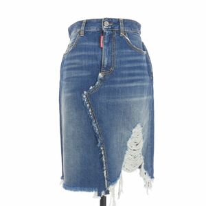 Неиспользованный Desquaded Dsquared2 22ss Fricged Midi Skt Fringe Fringe Fringe Обработанная джинсовая юбка Midi 38 Blue Indigo