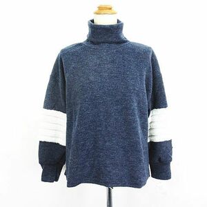 未使用品 LA PLUS HAUTE MODE ニット セーター 長袖 タートルネック フェイクファー ストレッチ M～L ネイビー ※EKM レディース