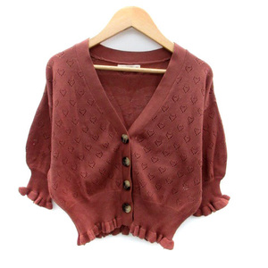  Nice Claup NICE CLAUP knitted cardigan V neck . minute sleeve short Heart pattern tea color Brown /HO16 lady's 