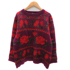  Rose Bud ROSE BUD knitted sweater long sleeve round neck floral print wool . oversize F dark purple /YK37 lady's 