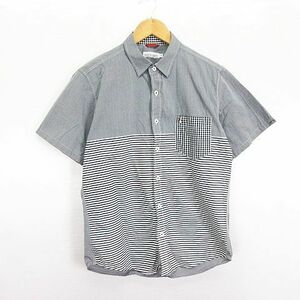 ハッシュパピー Hush Puppies シャツ 半袖 切替 ボーダー 胸ポケット ロゴ コットン M グレー ※EKM メンズ