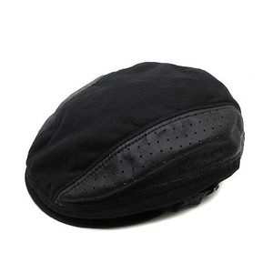 パンチングレザー リネン 切替 ハンチング キャップ 帽子 ブラック 黒 57～59cm メンズ