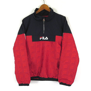 フィラ FILA WHITE LINE ジャケット ウインドブレーカー ナイロン ロゴ 刺繍 総柄 ハーフジップ M 紺 ネイビー 赤 レッド 白 ホワイト 美品