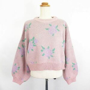 未使用品 グレイル GRL ニット セーター 長袖 ドロップショルダー 丸首 ショート丈 花柄 ジャガード F ピンク ※EKM レディース