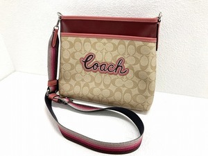 コーチ COACH シグネチャー PVC×レザー ショルダーバッグ 美品 ベージュ×赤系色 F72896 肩掛け クロスボディ