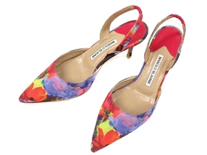 マノロブラニク MANOLO BLAHNIK CAROLYNE バックストラップ パンプス ミュール 37 マルチカラー プリント シューズ 靴 レディース