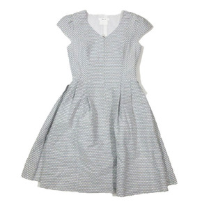 美品 ルネ Rene ワンピース ドレス フロントジップ タック Dress 総柄 半袖 6026330 真珠 ひざ丈 フレア ホワイト ブラック 36 レディース