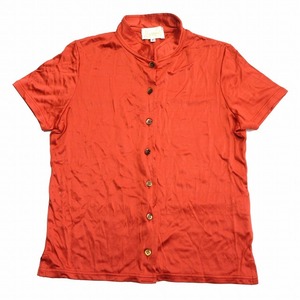 ハロッズ Harrods スタンドカラー シャツ カットソー ブラウス 光沢 半袖 イタリー製 サイズ40 レッド オレンジ系 レディース♪11