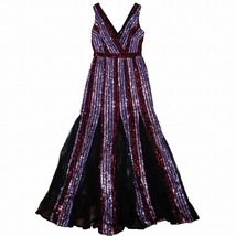 美品 マルケッサノッテ Marchesa Notte スパンコール レース切替 ロングドレス ワンピース マキシ丈 ストライプ柄 パープル レッド_画像1