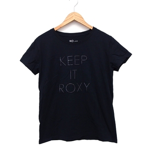  Roxy ROXY футболка cut and sewn Британия знак резина знак переключатель ребра короткий рукав круглый вырез хлопок хлопок L черный чёрный /HT28 женский 