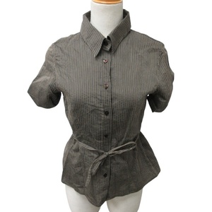  Max Mara MAX MARA silver tag shirt blouse stripe pattern silk . short sleeves tea Brown 40 approximately M size 0130 IBO47 lady's 