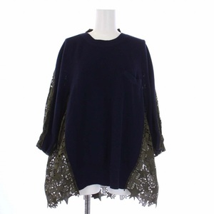 サカイ sacai 21AW Embroidery Lace Knit Pullove エンブロイダリー レース ニット プルオーバー カットソー 切替 2 M 紺 カーキ