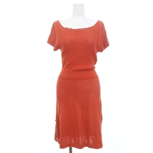  Chanel CHANEL cotton knitted One-piece here Mark button knees height short sleeves 38 orange /MI #OS lady's 