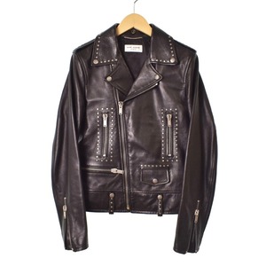 サンローラン パリ 18年製 L01 STUDDED LEATHER MOTORCYCLE JACKET スタッズ レザー モーターサイクル ライダースジャケット ダブル 42 黒