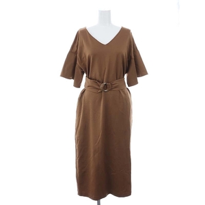  Rope ROPE V neck belt attaching One-piece long tight . minute sleeve flair sleeve EX-2 tea color Brown /ES #OS lady's 