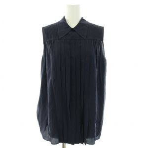 ミュウミュウ miumiu 2014年製 シャツ ブラウス ノースリーブ プリーツ 絹 シルク 42 L 紺 ネイビー /YT レディース