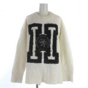 トミー アイコン シャギーニット セーター 長袖 エンブレムワッペン装飾 刺繍 プルオーバー M 白 ホワイト 黒 ブラック