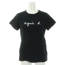 アニエスベー agnes b. ロゴプリント 半袖Tシャツ カットソー コットン 2 黒 白 ブラック ホワイト /NR ■OS レディース_画像1