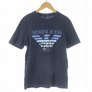 アルマーニ ジーンズ ARMANI JEANS Tシャツ カットソー クルーネック プルオーバー 半袖 ロゴ プリント XS 紺 青 3Y6T35 6JPFZ /SI47