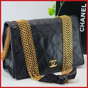 1円【美品】シャネル CHANEL 6連 チェーン マトラッセ ココ ラムスキン ショルダー バッグ リボン ゴールド金具　艶消し マットブラック