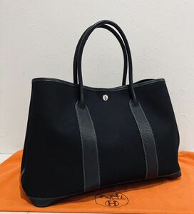 HERMES ★ 極上美品 エルメス バッグ　黒 ガーデンパーティ トート ブラック ハンドバッグ G刻印 キャンバス レザー