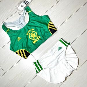 31新古品未使用タグ付き★アディダスadidas松山西中等教育学校陸上部女子レーシングユニフォームブラトップスL+adidasレーシングブルマL