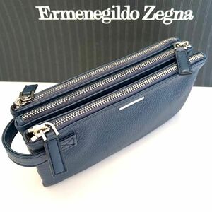 【美品 希少】エルメネジルド ゼニア Ermenegildo Zegna メンズ ビジネス クラッチバッグ セカンド オーガナイザー 3連 レザー ネイビー