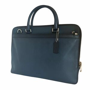 【スマートな薄型】サフィアーノレザー◆COACH コーチ メンズ ブリーフケース ネイビーブルー 紺 青 ビジネスバッグ A4収納可