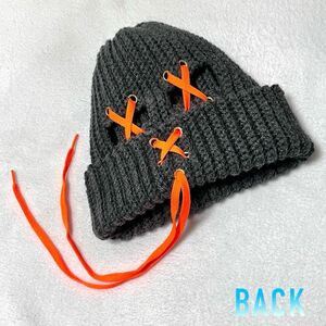  beanie ニット帽　ビーニー　オレンジ　グレー　テック系　y2k