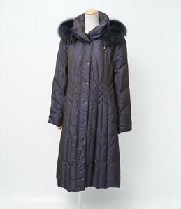 TG9112●日本製*KAORIINU*カオリーヌ*ロング ダウンコート*フォックスファー襟*FOX*キルティング*フード付き*size44*ネイビー系