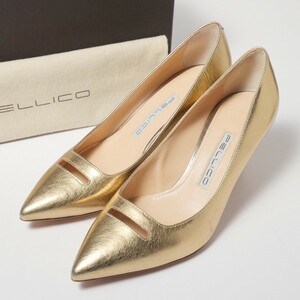 MF9304△イタリア製*ペリーコ/PELLICO*レザー*ポインテッドトゥ パンプス*靴*ゴールド*size36/23-23.5cm相当*保存袋・箱付き