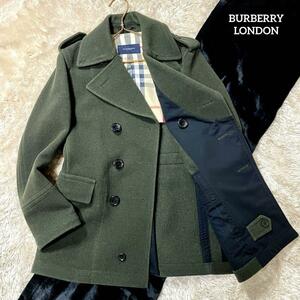 【BURBERRY LONDON/バーバリーロンドン/極美品】ピーコート【Pコート/メガチェック/ノバチェック/ダブル/メルトンウール/カーキ/Mサイズ】