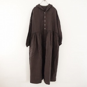 //【2022AW/定価3.5万】ネストローブ nest Robe *リネン起毛ギャザーワンピース*Fコートドレスブラウン羽織り(2-2401-274)【22A42】