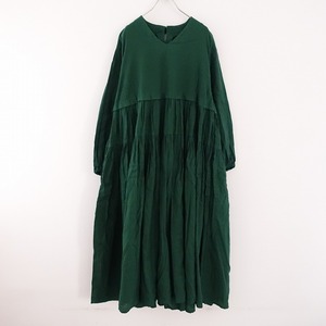 //【2023AW/定価3.5万】ネストローブ nest Robe UpcycleLino *ギャザーティアードワンピース*F麻綿グリーン(2-2401-272)【22A42】