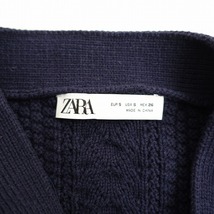 //ザラ ZARA *模様編みニット異素材切替えカーディガン*SネイビーVネックパッカリングギャザー前後差羽織り(2-2401-304)【92A42】_画像7