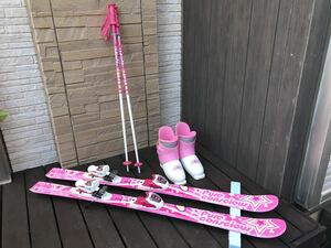 送料無料スキー4点セットPureConscious+KAZAMAピンク　板120cm ブーツ21-22cm、ストック付