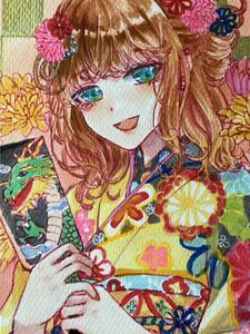 オリジナル手描きイラスト　女の子　晴れ着「新しい年に」