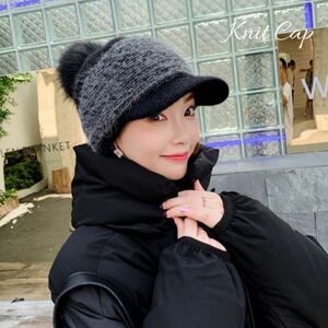  чёрный с козырьком .pompon имеется вязаная шапка вязаная шапка женский зима Корея обратная сторона ворсистый Golf шляпа теплый бесплатная доставка популярный 