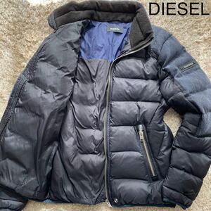 極美品/Lサイズ相当●DIESEL ディーゼル 中綿 ダウンジャケット ブルゾン デニム切替デザイン インディゴブルー ドッキング 肩ロゴパッチ