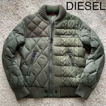 極美品/Lサイズ相当/DIESEL ディーゼル ニット切り替え キルティング ダウンジャケット MA-1 ケーブル編み 胸ロゴ グースダウン90% _画像1