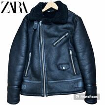 極美品 【超希少XL!! 】ZARA ムートンジャケット ダブルライダース フライトジャケット 肉厚 極暖 ボマー ブラック B-3 総ボア 高級感 _画像1