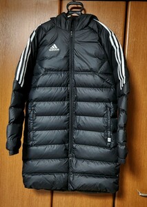 新品/未使用【アディダス ベンチコート ダウンジャケットO】黒ダウン中綿ロングコートadidasハーフコート防寒ロングXLダウンコート25000円