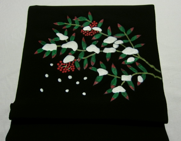 Service [Snow in the southern sky] Hama crepe pure silk black background◆All hand-painted and dyed◆9-inch Nagoya obi fabric◆Untailored, band, Nagoya obi, untailored