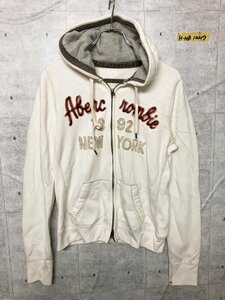 Abercrombie&Fitch アバクロ ロゴ刺繍入り 裏起毛 ダブルジップ パーカー 羽織り 白 ホワイト L