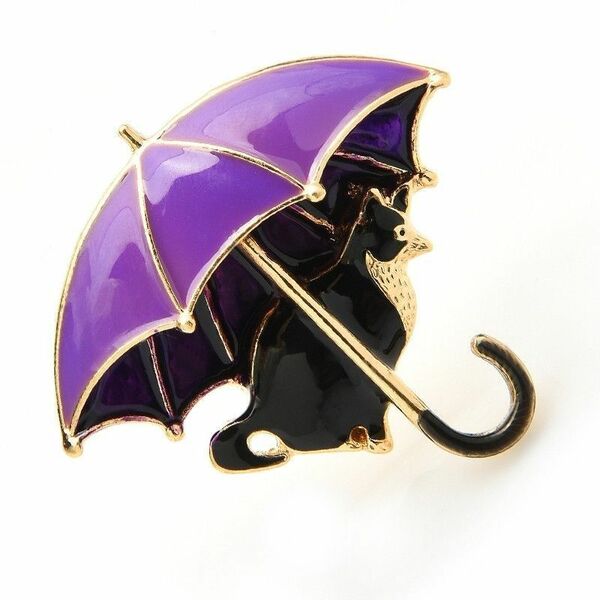 ②猫 ブローチ 紫 傘 ネコ ねこ 黒猫 クロネコ プレゼント かさ カサ